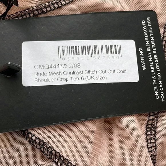 PLT Crop Top Nude Mesh Contrast Stitch Cut Out Cold Shoulder Made in UK - Picture 8 of 11